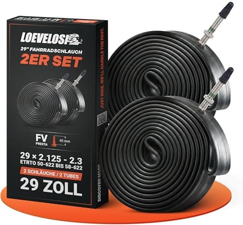 LOEVELOSI 2X Fahrradschlauch 29 Zoll mit schwarzem Sclaverand-Ventil 40mm - MTB Schlauch Französisches Ventil FV Presta - ETRTO 50/58-622 2er Set Schläuche 29x2.125-2.3 Mountainbike E-Bike 29er