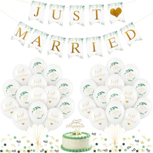 Luftballons Hochzeit Set, Just Married Deko mit Herzen & Eukalyptus | Hochzeitsdeko, mit Latexballons Hochzeit, Just Married Girlande, Konfetti, Holz Cake Topper, für Hochzeitsfeier, Verlobung