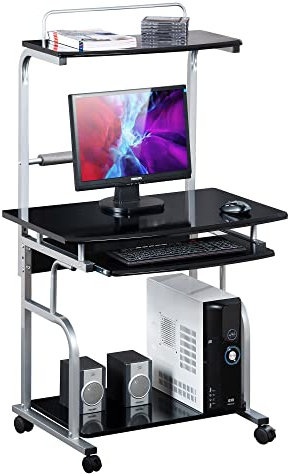 Techly 307261 Scrivania Mobile per PC Stampante con Tastiera Estraibile Nero Lucido Nero
