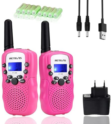 Retevis RT388R Talkie Walkie Enfant Rechargeable, avec Chargeur et Batterie, Jouets Cadeau Pâques avec Lampe de Poche VOX pour Aventures Extérieure Camping Randonnée (1 Paire, Rose)