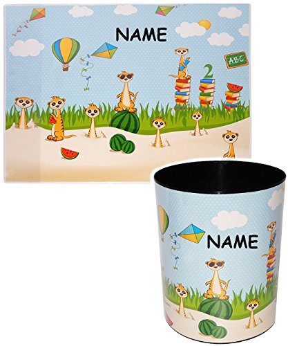 2 TLG. Set Schreibtischunterlage & Papierkorb - lustige Erdmännchen in der Schule - incl. Name - Schreibtischset - aus Kunststoff - Mülleimer/Eimer - ..