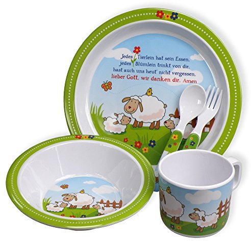 Kindergeschirr-Set Schäfchen aus Melamin, 5-teilig: Teller, Schüssel, Tasse, Gabel + Löffel
