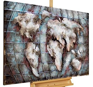 Kunstloft Extravagante Relieve de Pared de Metal Mundo magnífico' 100x75x5,5cm | Decoración XXL Escultura | Mapa del Mundo Mapa Tierra Continente | Cuadro Hecho a Mano Imagen Mural de Arte Moderno
