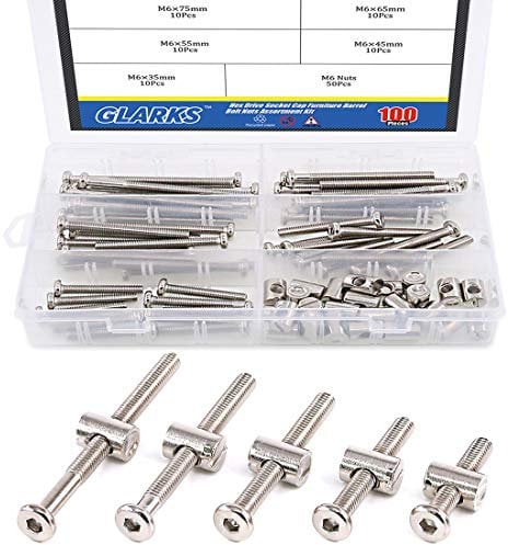 Glarks - Kit de 100 tuercas de tornillo para muebles, cunas, camas de bebé, cuna, sillas, chapado en níquel, M6 x 35 mm/45 mm/55 mm/65 mm/75 mm