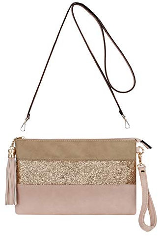CRAZYCHIC - Sac Bandoulière Paillette Cuir Multicolore Femme - Pochette Soirée Plate Bandes Strass Brillant Souple - Mode Chic Tendance - Rose