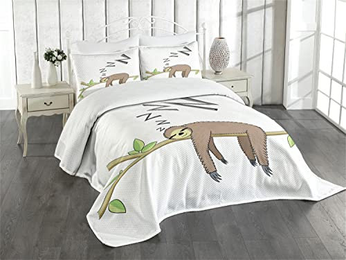 ABAKUHAUS Faultier Tagesdecke Set, Arboreal Säugetier Schlafen, Set mit Kissenbezügen Feste Farben, für Doppelbetten 264 x 220 cm, Grau-grün-braun