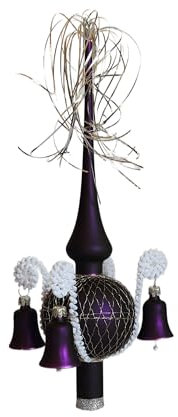 Weihnachtsbaumspitze mit Glöckchen lila matt, umsp. L ca. 28cm d(Kugel) 7cm Christbaumschmuckspitze mundgeblasen,handdekoriert,Leonischer Draht Lauschaer Glas