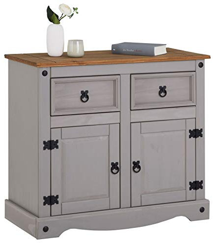 IDIMEX Buffet Salle à Manger Ramon L 87 cm en Bois Massif Gris et Brun, Meuble de Rangement Adulte 2 tiroirs et 2 Portes avec poignées en métal, Commode bahut Style Mexicain Maison de Campagne