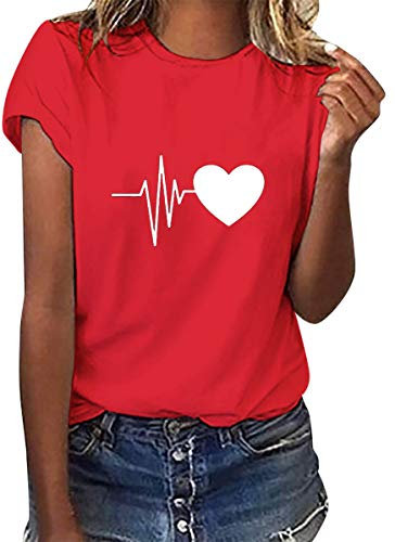 heekpek Maglietta Manica Corta Donna Amore Tshirt Cotone Maglietta Elegante Donna Casual T-Shirt Estiva con Girocollo Magliette Basic Estive Top, Rosso, M