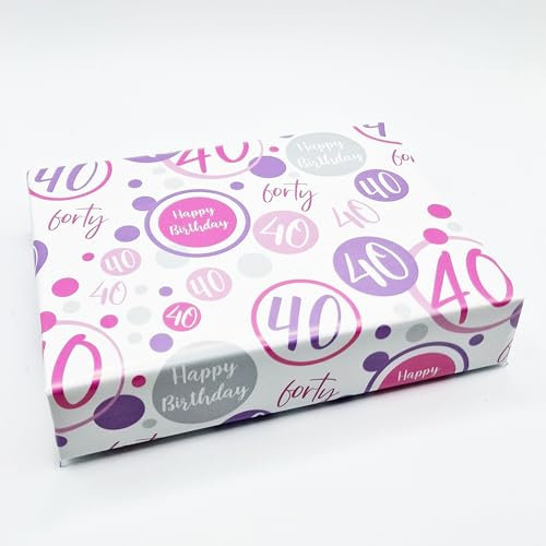Geschenkpapier zum 40. Geburtstag, 2 Bögen + 2 passende Geschenkanhänger für Frauen zum 40. Geburtstag, Rosa / Lila / Weiß