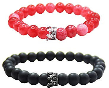 UEUC Armband mit CZ Kronen König und Königin schwarz Matte und weiß Howlite 8 mm Beads Armband(#65)