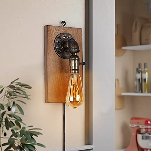 SUNLLOK Wandleuchte Bett Nachttisch Holz e27 Innen Vintage Landhausstil Design zum Kinderzimmer Schlafzimmer Flur Treppenhaus,Wandlampe Antik Gold Nnachtlicht Retro Rustikal mit Stecker und Kabel