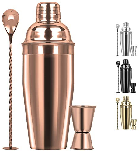 Large 24oz Cocktail Shaker Set, Stainless Steel 18/8 Martini Mixer Shaker with Built-in Strainer, Measuring Jigger & Mixing Spoon, Martini Shaker Set, Perfect for Bartender and Home Use, Rose Gold