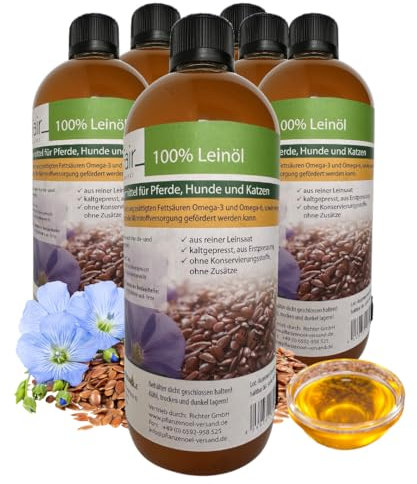 6 Liter ProFair Leinöl (6 x 1 Liter-Flasche) kaltgepresst, 100% aus Reiner Leinsaat, Erstpressung, ohne Zusätze, Einzelfuttermittel für Pferd, Hund und Katze