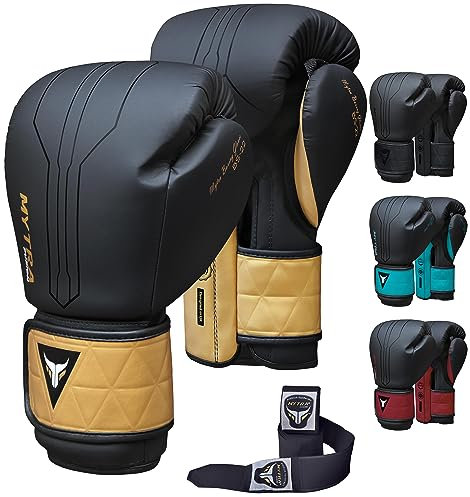 Mytra Fusion Guantes de Boxeo MMA Training Muay Thai para Mujer y Hombre - Incluye Envolturas para Manos Gratis (Negro/Dorado, 16 oz)