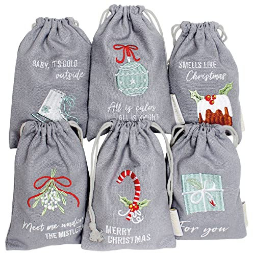 Papierdrachen 6 Geschenksäckchen zu Weihnachten - wunderschön bestickt und ideal zum nachhaltigen Verpacken von Weihnachtsgeschenken - Blau Grau mit Bestickung - 13x18 cm - Set 12