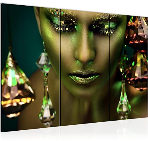 Runa Art Femme Visage Lèvres Peinture Tableau Salon XXL Vert Or Mode cosmétique 120 x 80 cm 3 Parties Decoration Murale 042131b