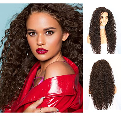 Sapphirewigs Lockige Lace Front Perücke Highlight Braun Synthetische Perücken für Frauen 13x3 Tägliche Tragen Party Weihnachten Halloween Hitzebeständige 26 inch