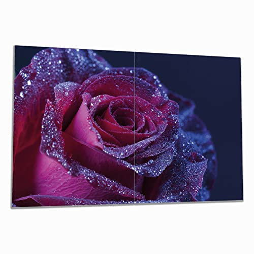 Wallario Herdabdeckplatte/Spritzschutz aus Glas, 2-teilig, 80x52cm mit 13 mm hohen Füßen, für Ceran- und Induktionsherde, Rote Rosenblüte im Regen