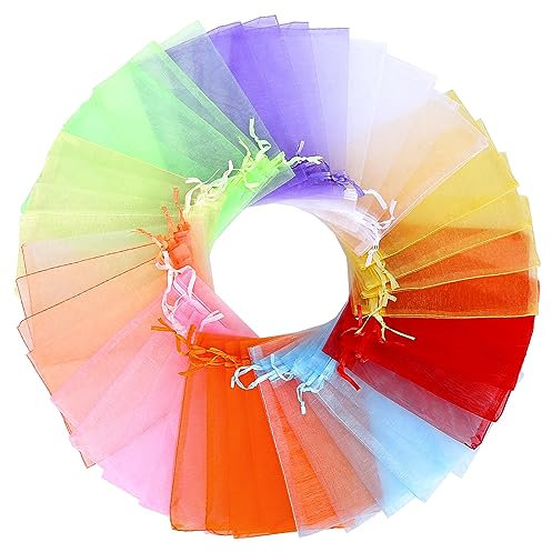Angooni 200 Stück Bunt Organzasäckchen - 10 × 15 cm Hochzeit Organzabeutel - Organza Beutel mit Kordelzug - Geschenkbeutel Säckli, Bonbonsbeutel, Schmuckbeutel