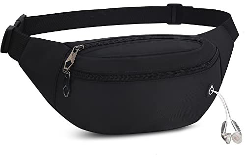 Marsupio Sportivo Uomo Donna Grande con 3 Zip Tasche Cintura Regolabile e Dotato di jack per cuffie Impermeabile per Viaggio Ciclismo Running Escursionismo Campeggio Nero
