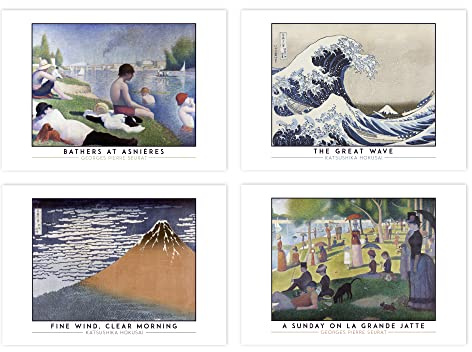 Wee Blue Coo Classic Paintings Seurat Bathers Asnières Sunday La Grande Jatte Hokusai Great Wave Mount Fuji A4 Poster Pack of 4 Wall Art