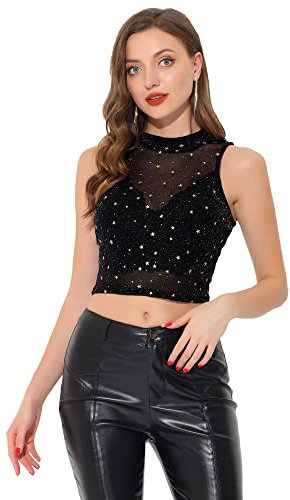 Allegra K Damen Tanktop Ärmellos Durchsichtige Mesh Oberteil Party Stern Glitzer Crop Top Bluse Schwarz M