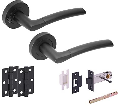 Hunta HANDLEZONE® Neemo Privacy Door Handle Latch Pack, Complete with Lever On Rose Handles, Latch, Ball Bearing Hinges - Black Matt