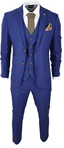 Mens Blue Brown Check 3 Piece Suit Tailored Fit Wedding Prom Races Prince of Wales
