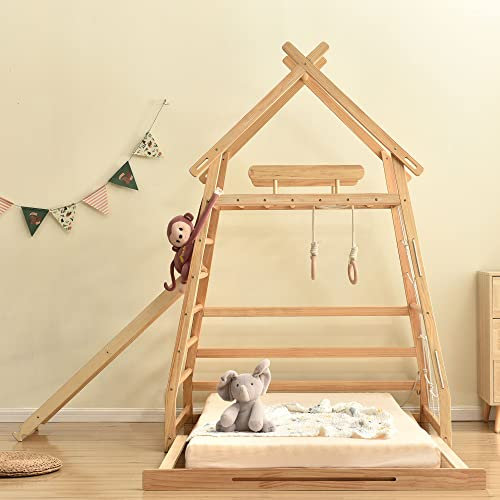 WEALTHGIRL Hausbett, Holzbett, Freizeit-Turmbett mit Schaukel, Zugring, Kletterleiter und Kletternetz, mit einziehbaren Lattenroste, Rahmen aus Kiefernholz (Natur,120 x 200 cm)