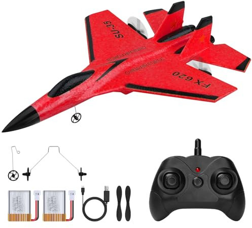 Henakmsl Avion radiocommandé, 2,4 GHz, SU35, 2 CH, RTF télécommandé, pour débutants, enfants et adultes, FX620, avec lumières colorées, chargement USB, rouge