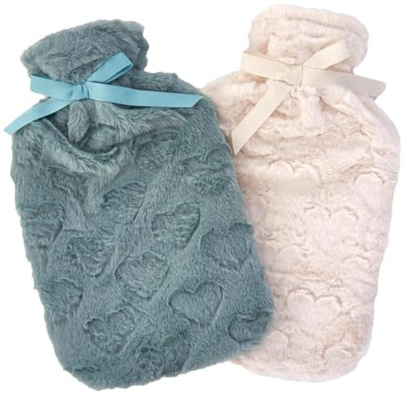 K Collection 2 x Hot Water Bottles – Embossed Hearts Fleece Plush Cover – Natural Rubber 2L Capacity - Sage Green and Cream - Pack of 2
