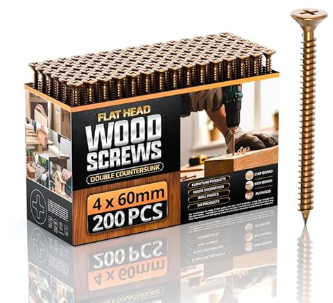 LEDSone 200 Pcs Wood Screws 4 x 60 mm Advanced Multipurpose Wood screw design Self-Tapping Self Countersinking Ultra sharp Quick Grab Point