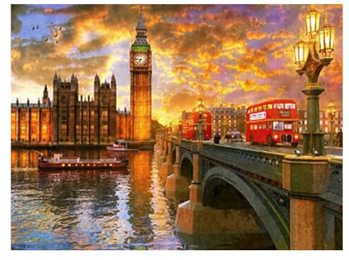 DCIDBEI 40 x 50 CM 5D Diamant-Stickerei Rund Stadt für Kinder, DIY Diamond Painting London bei Sonnenuntergang, kreative Hobbys für Erwachsene, Schlafzimmer Büro Wohnzimmer Dekoration
