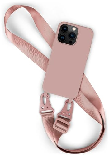 moex Hover Cover für iPhone 15 Pro Handyhülle zum Umhängen mit Band, Hülle mit Handykette abnehmbar, Handyband & Karabiner Lanyard Soft Case mit Verstellbarer Kette, Rosa