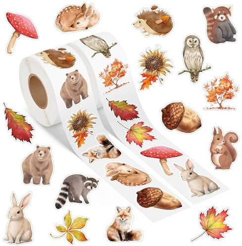 A1diee Autumn Animal Sticker Roll - Watercolor Fall Forest Animal Teacher Reward Stickers Decals for Scrapbook Laptops Party Favor Windows Water Bottle Decoration,1000Pcs in 2Roll with 16 Patterns