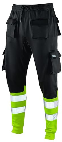 SEA3 Men's Hi Viz Vis High Visibility Fleece Slim Fit Work Cargo Painter Trousers Joggers Bottoms, Black & Yellow - L