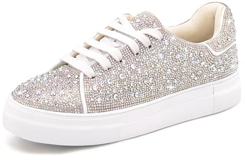Suokdil Glitzernde Strass-Sneaker für Damen – Bling Fashion Bedazzled Plateau-Tennisschuhe – weiße Glitzer-Pailletten Hochzeits- und Partyschuh, Strass, 36 EU