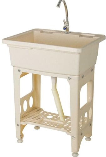 Fregadero Independiente con Estante De Almacenamiento, Fregadero De Plástico PP con Tabla De Lavar Y Grifo, Lavabo Portátil para Estación De Lavado De Garaje