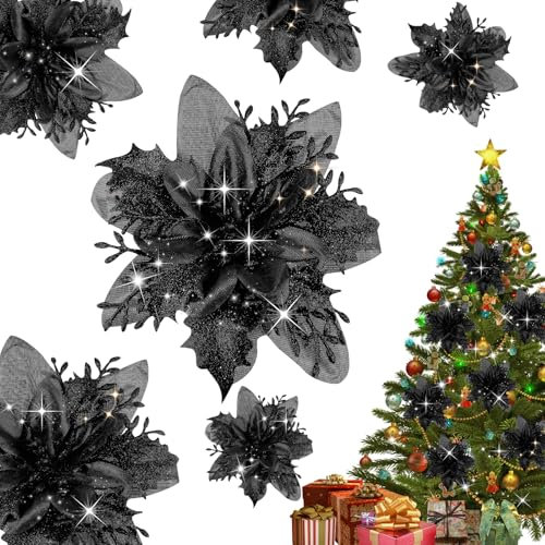 20pcs Glitter Christmas Flowers with Artificial Poinsettia, Christmas Tree Flower Decorations Xmas Tree Ornaments Wedding Decorations (Black, 15CM)
