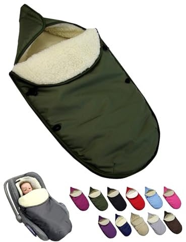 BambiniWelt Winterfußsack für Babyschale & Kinderautositz – universal für 3- & 5-Punkt-Gurtsysteme – Gruppe 0+ – Lammwolle, waschbar – warm & bequem für unterwegs, Farbe: olive