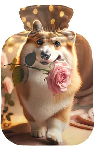 Dog with Roses Gold Hot Water Bottle with Soft Velvet Cover Hot Water Bag for Neck, Shoulder and Menstrual Cramps, 2 Liters