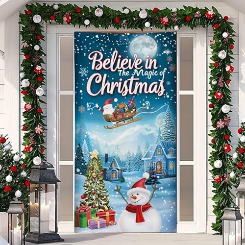 Surwin Forro Puerta Navidad,Estampa Muñeco de Nieve Adornos Navidad Decoración de Cubierta de Puerta de Navidad, Navidad Exterior Interior Casa, Pancarta de Navidad (90X200cm,Yeti 3)