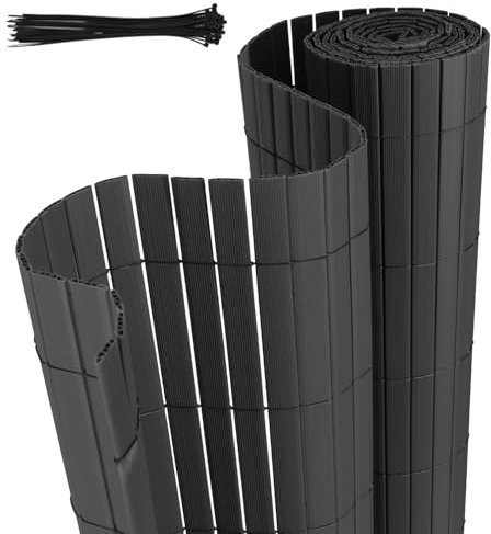 Jaxguom PVC Sichtschutzmatte, 100 x 600cm Sichtschutzzaun mit Kabelbindern, Verstärkte W-Struktur Lamellen, Wetterfester Windschutz für Balkon, Garten und Terrasse, Anthrazit