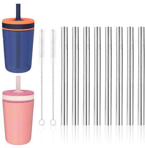 8pcs Metal Straw Replacement for Zak Designs Kelso 15oz Water Bottle with 2 Cleaning Brush, 11.8cm/4.65in Reusable Stainless Steel Straws Compatible with Zak 12oz Stainless Steel Sippy Cup