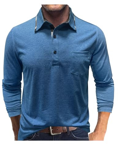 Aro Lora Mens Long Sleeve Polo Shirts Casual Golf Polo T-Shirts Grandad T Shirt with Pocket Blue L