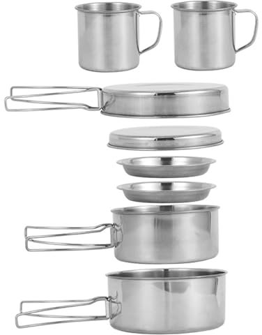 Camping-Kochset für 3–4 Personen, Edelstahl-Camping-Töpfe und -Pfannen-Set, stapelbares leichtes Camp-Kochset für Outdoor-Rucksackreisen, Wandern, Picknick, Edelstahl-Kochgeschir