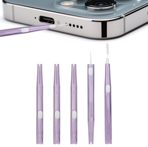 5pcs Phone Charging Port Cleaner USB C Cleaner Cleaning Kit | Bristles & Hook Double-Sided Cleaning Brush Charging Port Cleaner for Most Mobile Phone Earbud Charger Speaker (Purple)