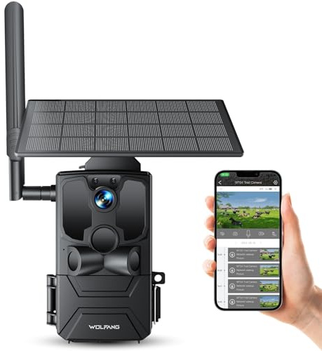 WOLFANG Wildkamera, 2.5K 4G LTE Live Solar Übertragung Wildkamera mit Handyübertragung App, Echtzeitalarm, Super-Infrarot-Nachtsicht Kamera mit 7800mAh Akku, 32GB SD Karte, 2-Wege-Audio IP66, Schwarz