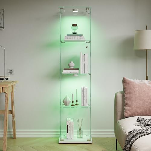 Vitrina de Cristal de 163 x 40 x 35 cm con 4 estantes 1 Puertas, Vitrina de pie con LED, Armario de colección Moderno para salón, Dormitorio, Oficina, Blanco y Puerta Individual + Luces de Pat